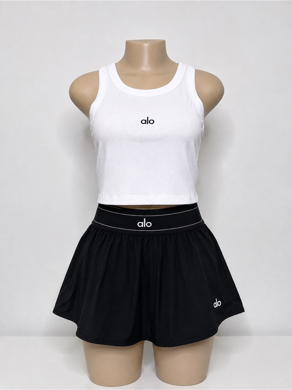 ALO Yoga White Crop Tank with Black Skater Skort